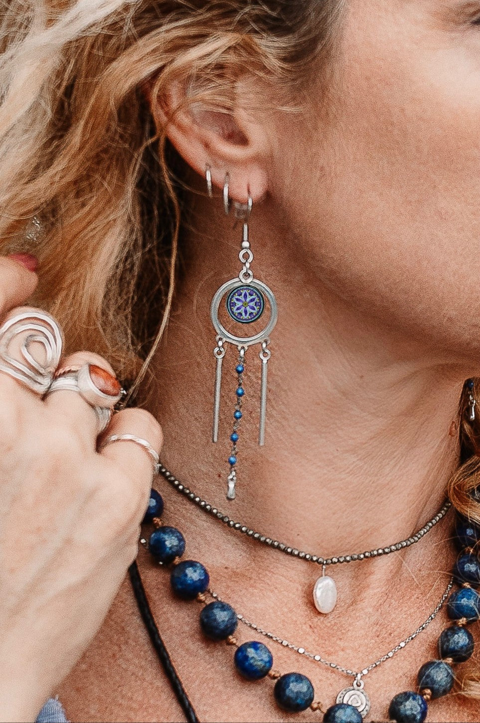 Spirit Lala: Tri-Drop Statement Earrings in Dark Blue Mandala - SpiritedBoutiques Boho Hippie Boutique Style Earrings, Spirit Lala