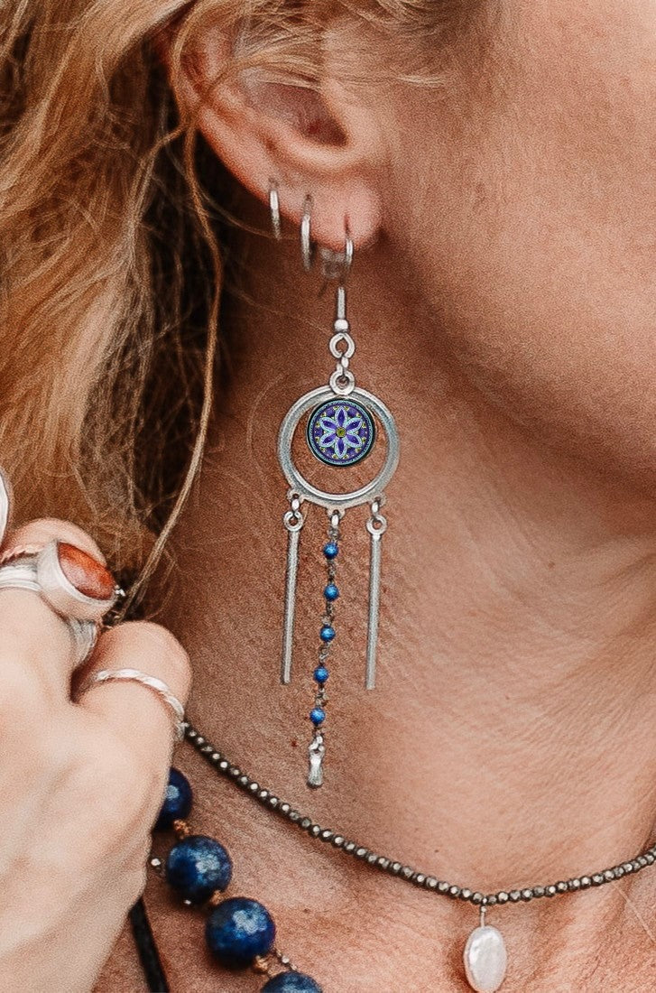 Spirit Lala: Tri-Drop Statement Earrings in Dark Blue Mandala - SpiritedBoutiques Boho Hippie Boutique Style Earrings, Spirit Lala