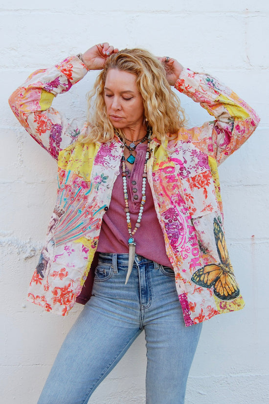 Patchwork Artist Workshirt in Stella Maris - SpiritedBoutiques Boho Hippie Boutique Style shirt, Magnolia Pearl