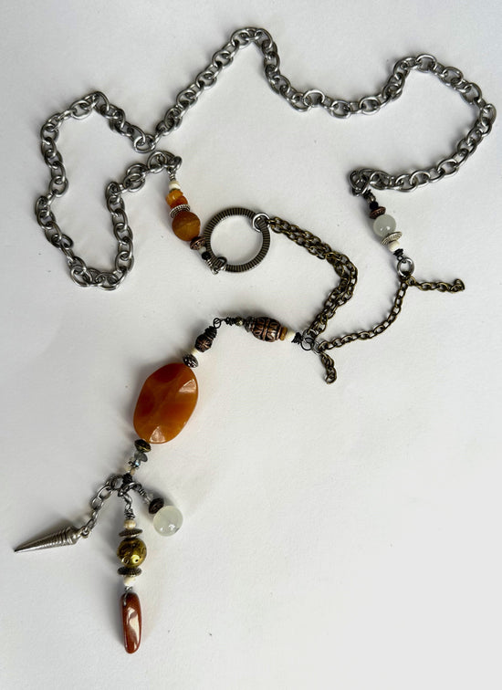 Spirit Lala Boho: Statement Long Silver Spike Necklace in Orange - SpiritedBoutiques Boho Hippie Boutique Style Necklace, Spirit Lala Boho