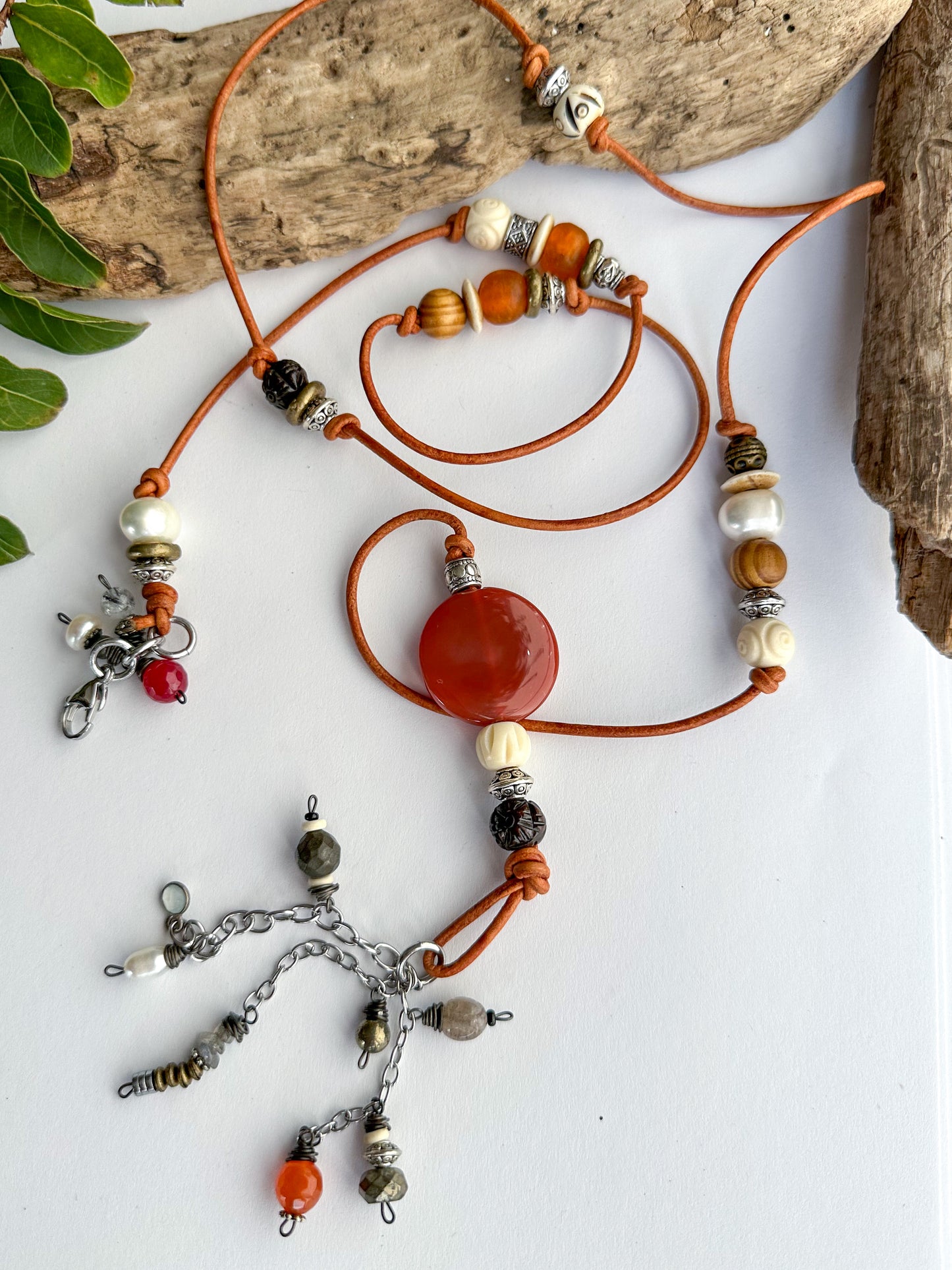 Statement Carmel Leather Gemstone Necklace in Orange - SpiritedBoutiques Boho Hippie Boutique Style Necklace, Spirit Lala Vintage Coin