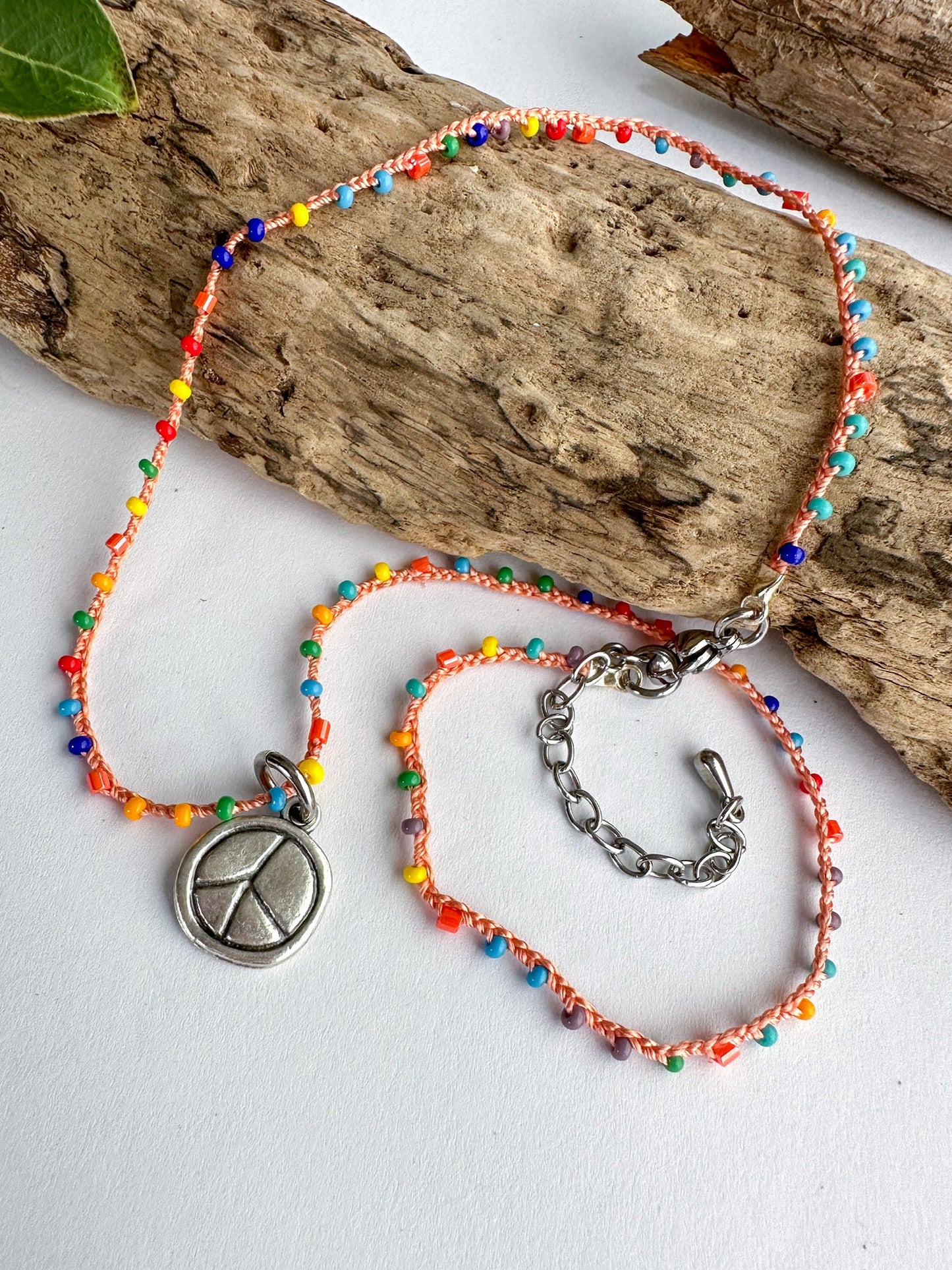 Crochet Peace Charm Necklace in Orange - SpiritedBoutiques Boho Hippie Boutique Style Necklace, Spirit Lala Boho