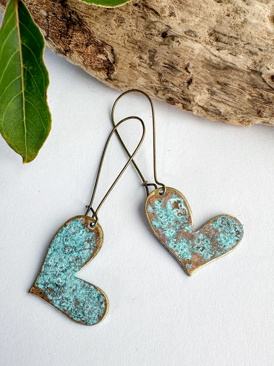Load image into Gallery viewer, Patina Turquoise Heart Earrings - SpiritedBoutiques Boho Hippie Boutique Style Earrings, Spirit Lala Zen
