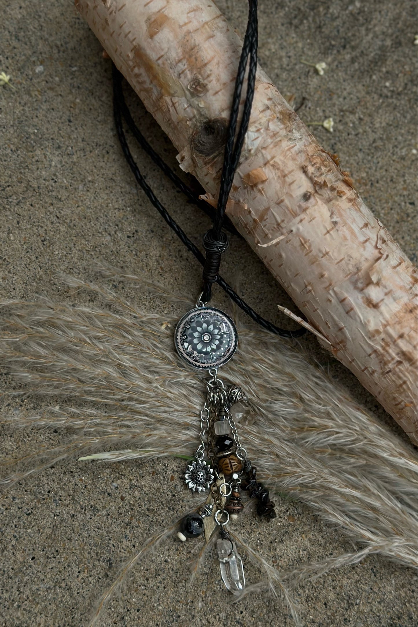 Grey & Black Flower Leather Drop Necklace - SpiritedBoutiques Boho Hippie Boutique Style Necklace, Spirit Lala