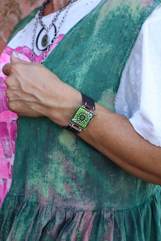 Spirit Lala: Green Brown Flower Art Cuff Bracelet