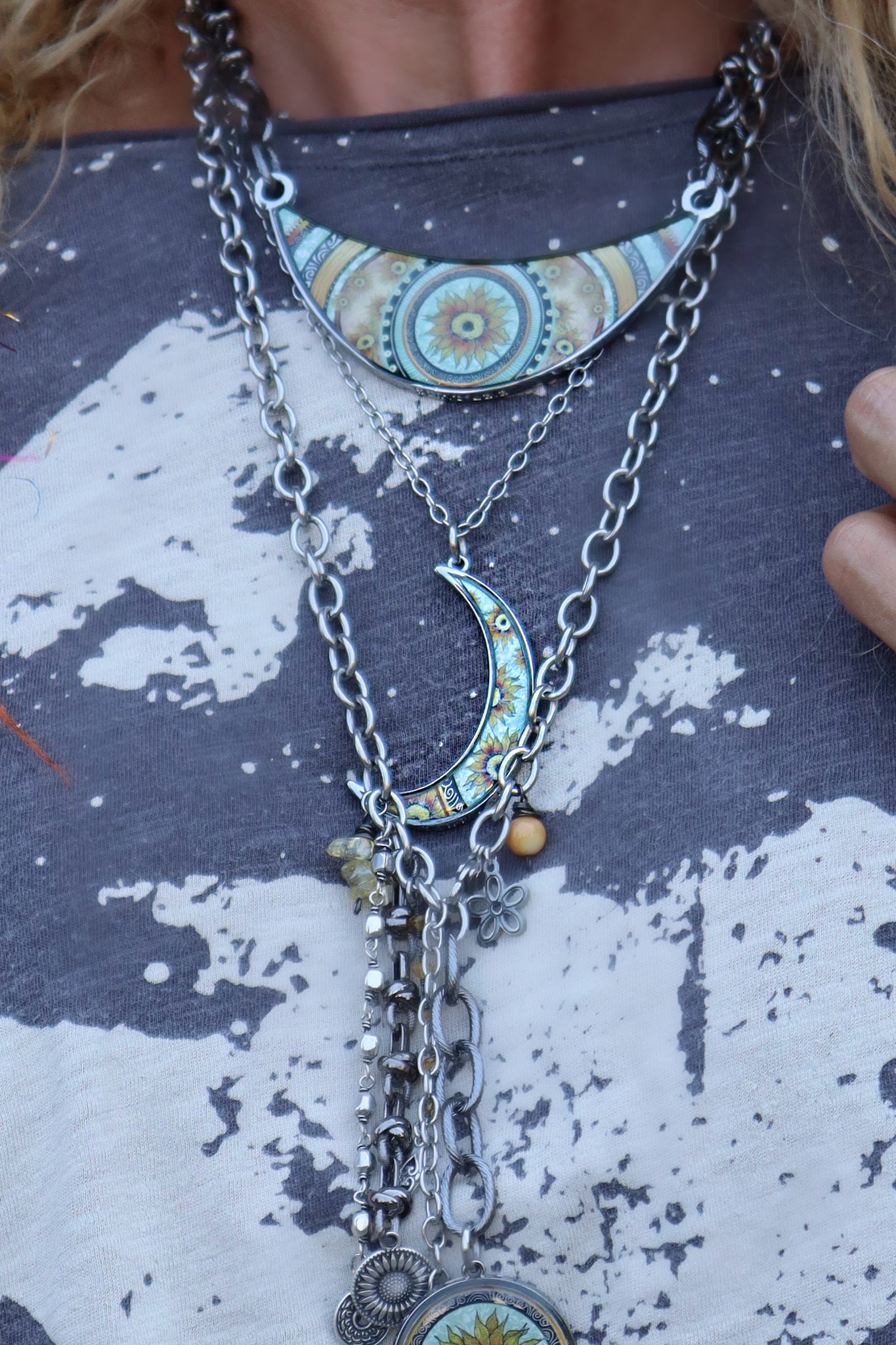 Spirit Lala: Crescent Moon Green Sunflower Pendant Necklace