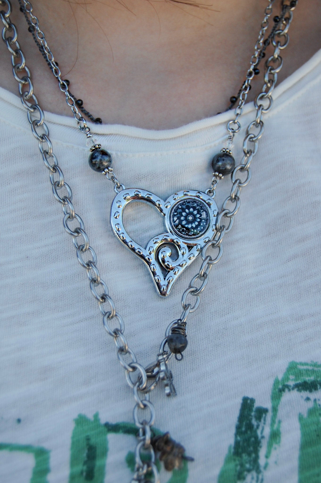 Spirit Lala: Grey Flower Abstract Heart Pendant Necklace