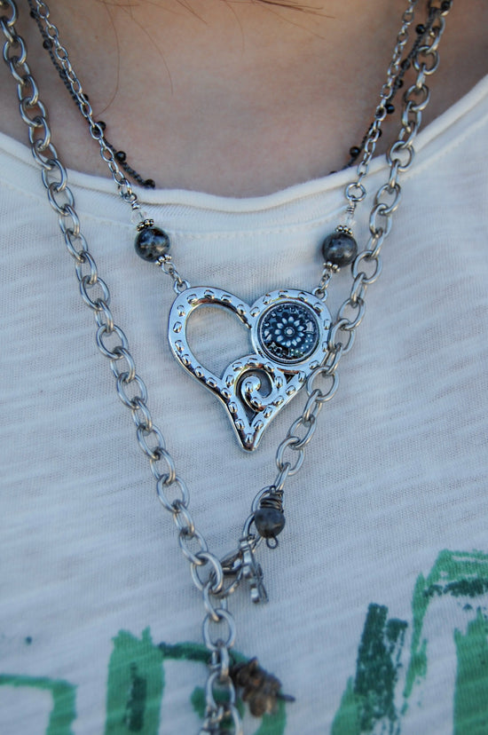 Load image into Gallery viewer, Spirit Lala: Grey Flower Abstract Heart Pendant Necklace
