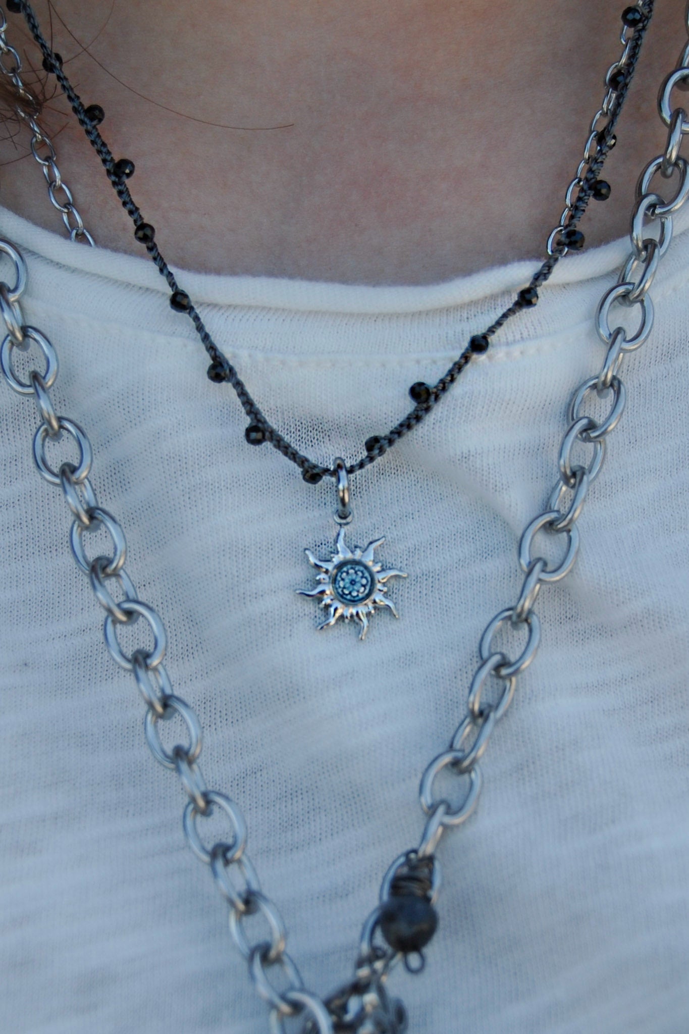 Spirit Lala: Grey Flower Sun Charm Crochet Necklace