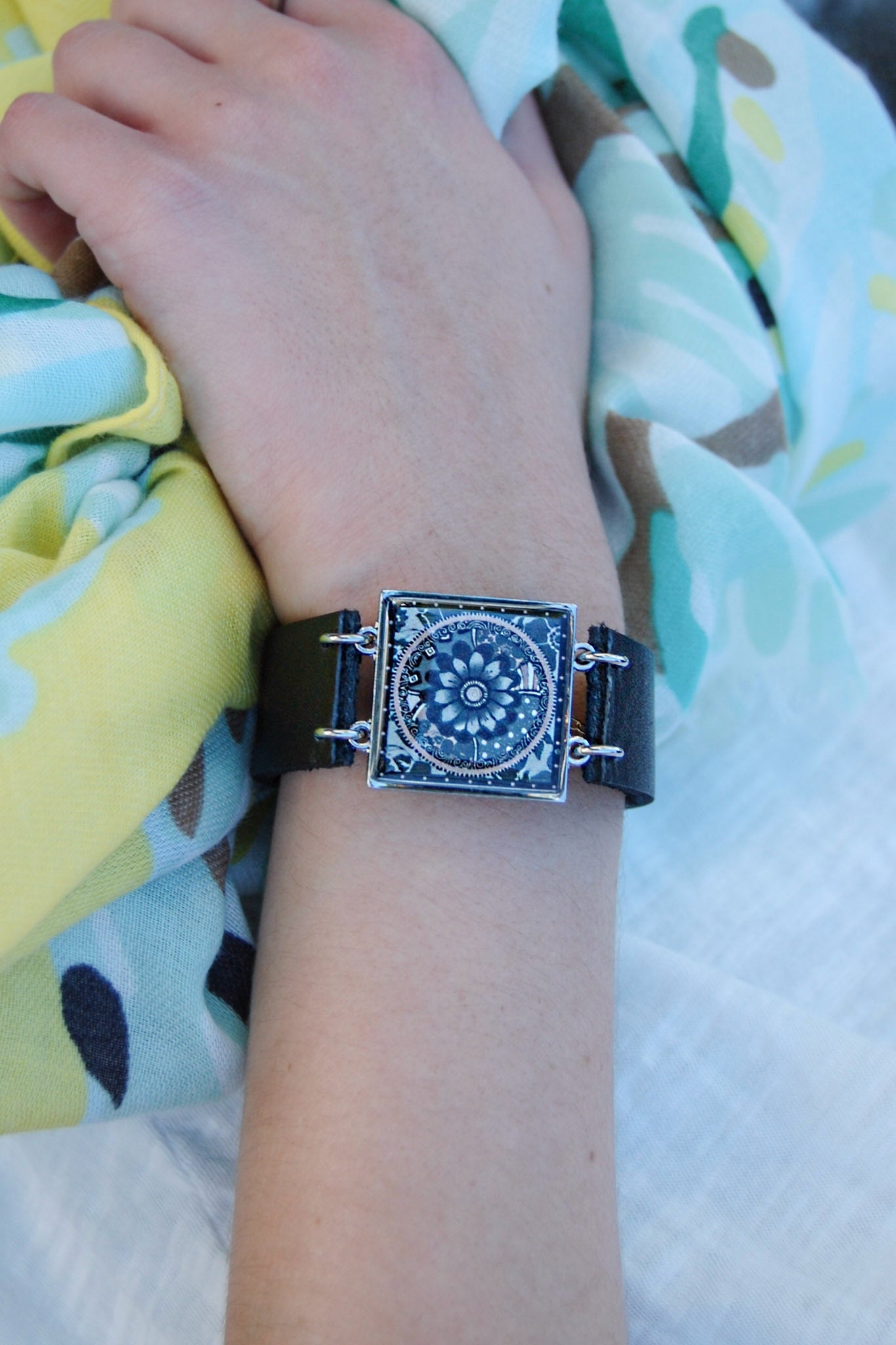 Spirit Lala: Grey Flower Art Cuff Bracelet