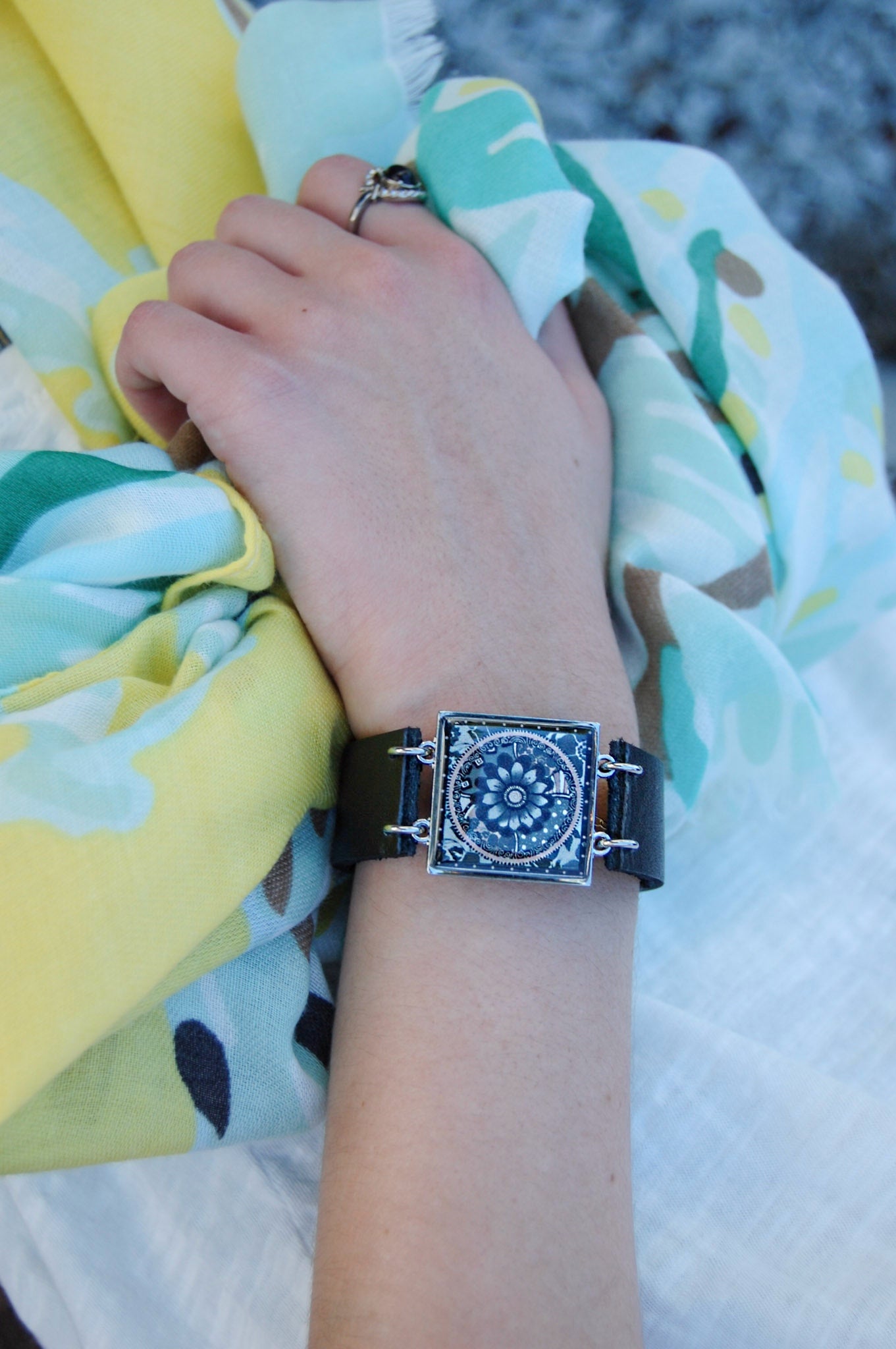 Spirit Lala: Grey Flower Art Cuff Bracelet