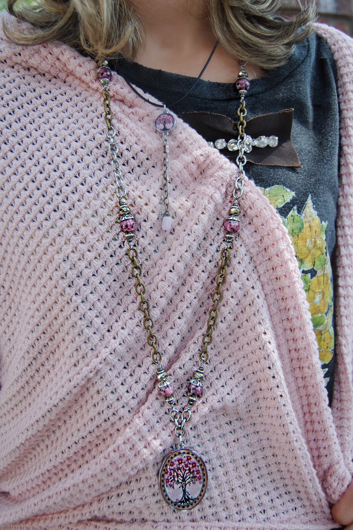 Spirit Lala: Pink Tree Large Oval Pendant Gemstone Necklace