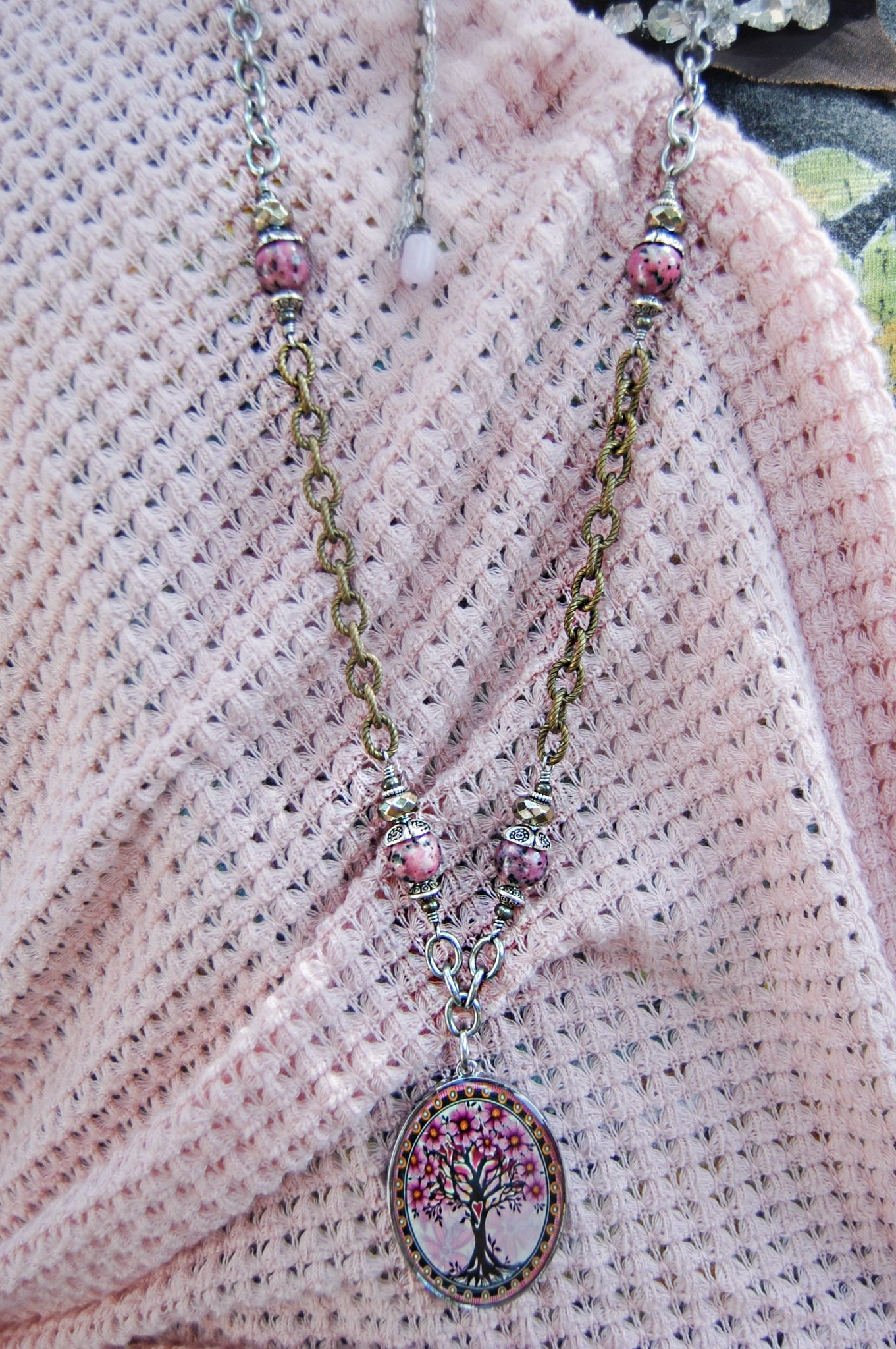 Spirit Lala: Pink Tree Large Oval Pendant Gemstone Necklace