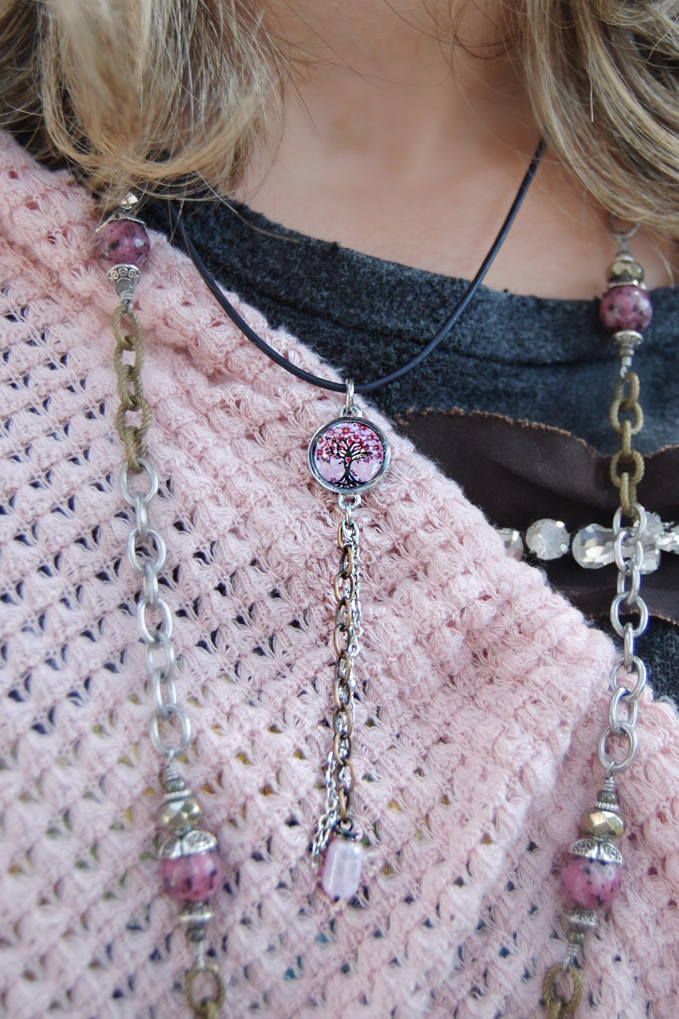 Spirit Lala: Pink Tree Chain Drop Pendant Necklace