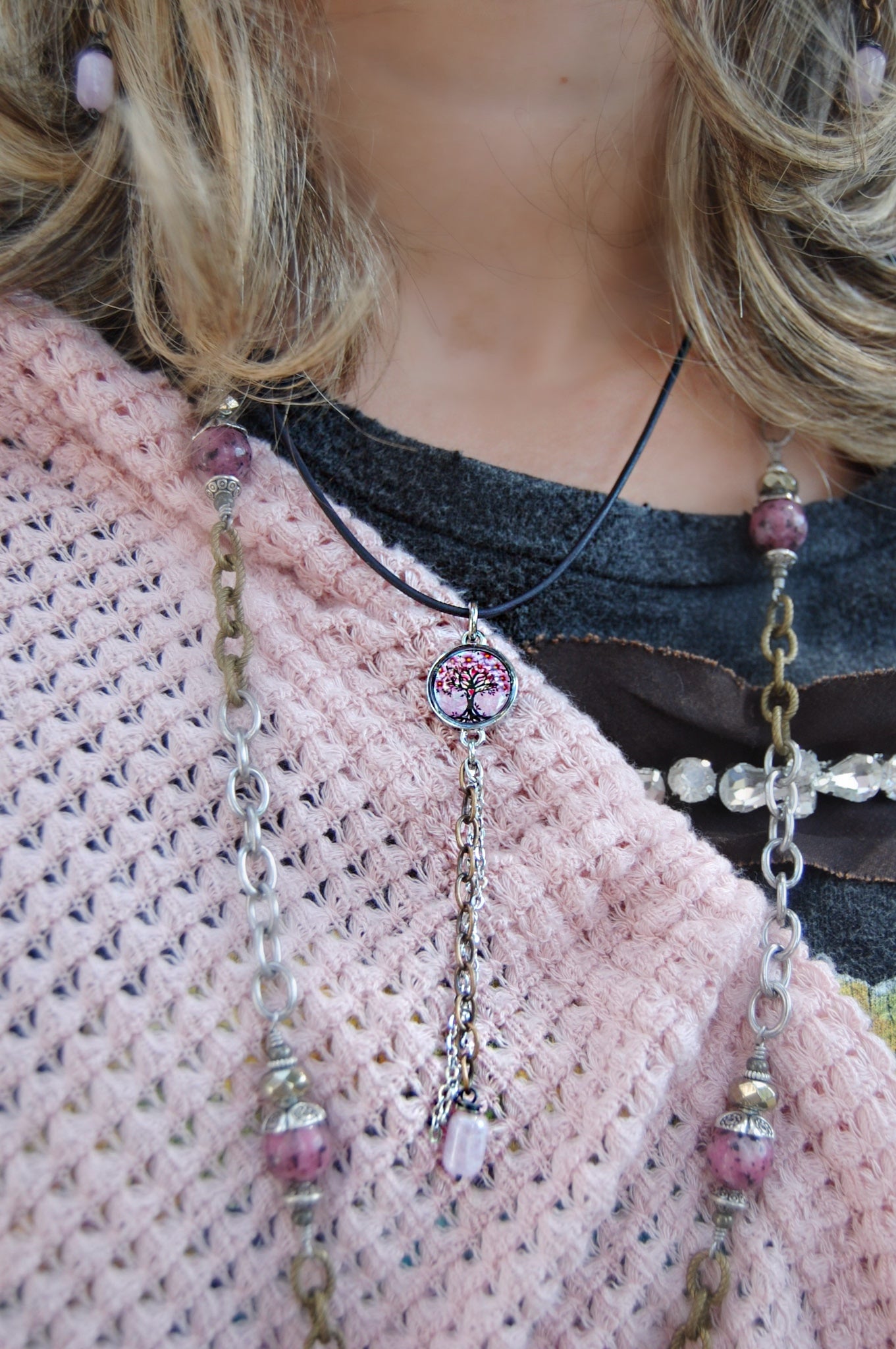 Spirit Lala: Pink Tree Chain Drop Pendant Necklace