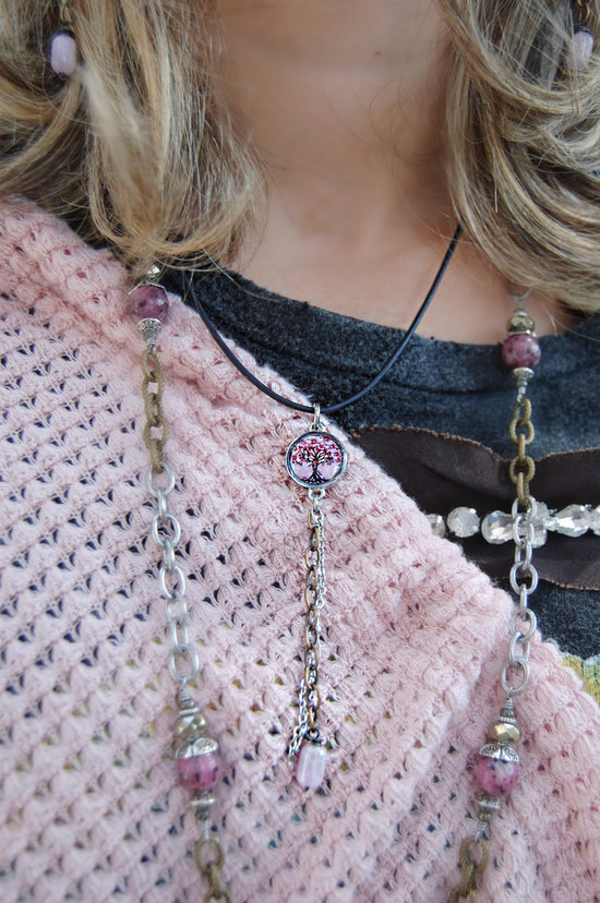 Spirit Lala: Pink Tree Chain Drop Pendant Necklace