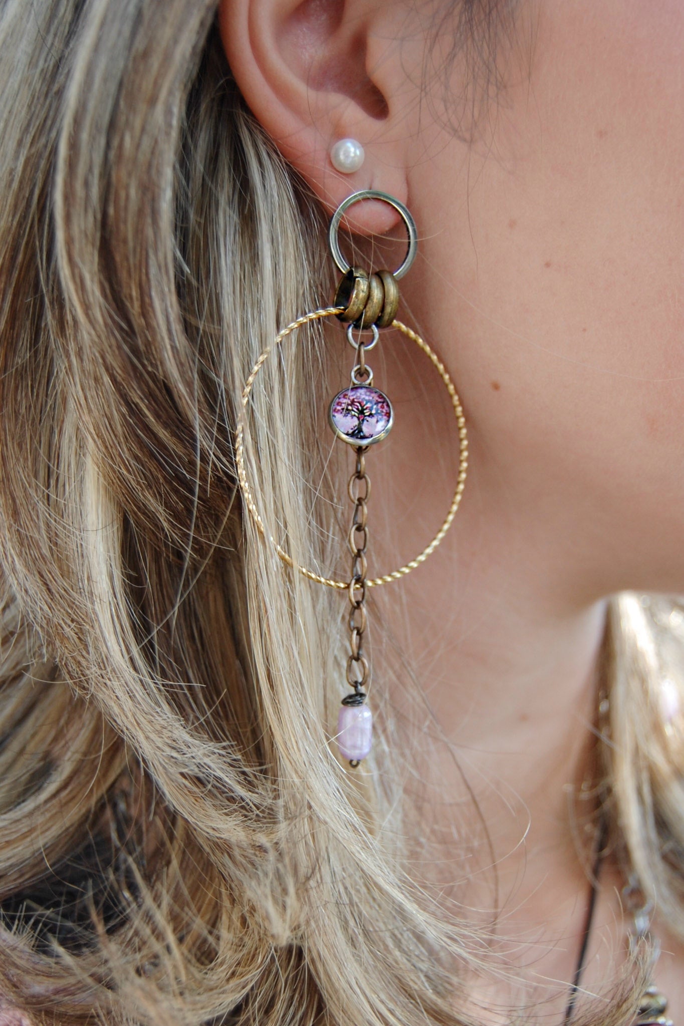 Spirit Lala: Small Art Pink Tree 2 Circle Silver & Gold Chain Drop Earrings