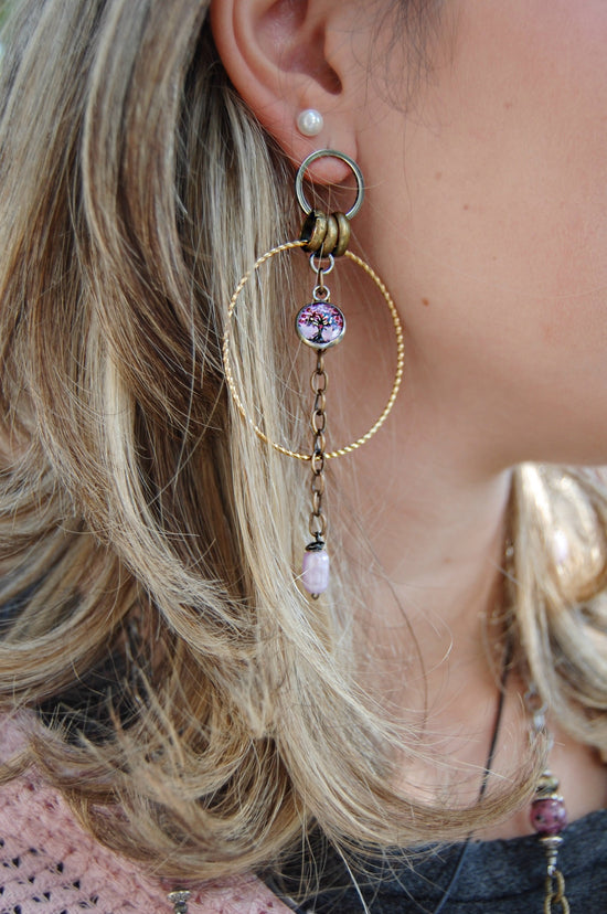 Spirit Lala: Small Art Pink Tree 2 Circle Silver & Gold Chain Drop Earrings