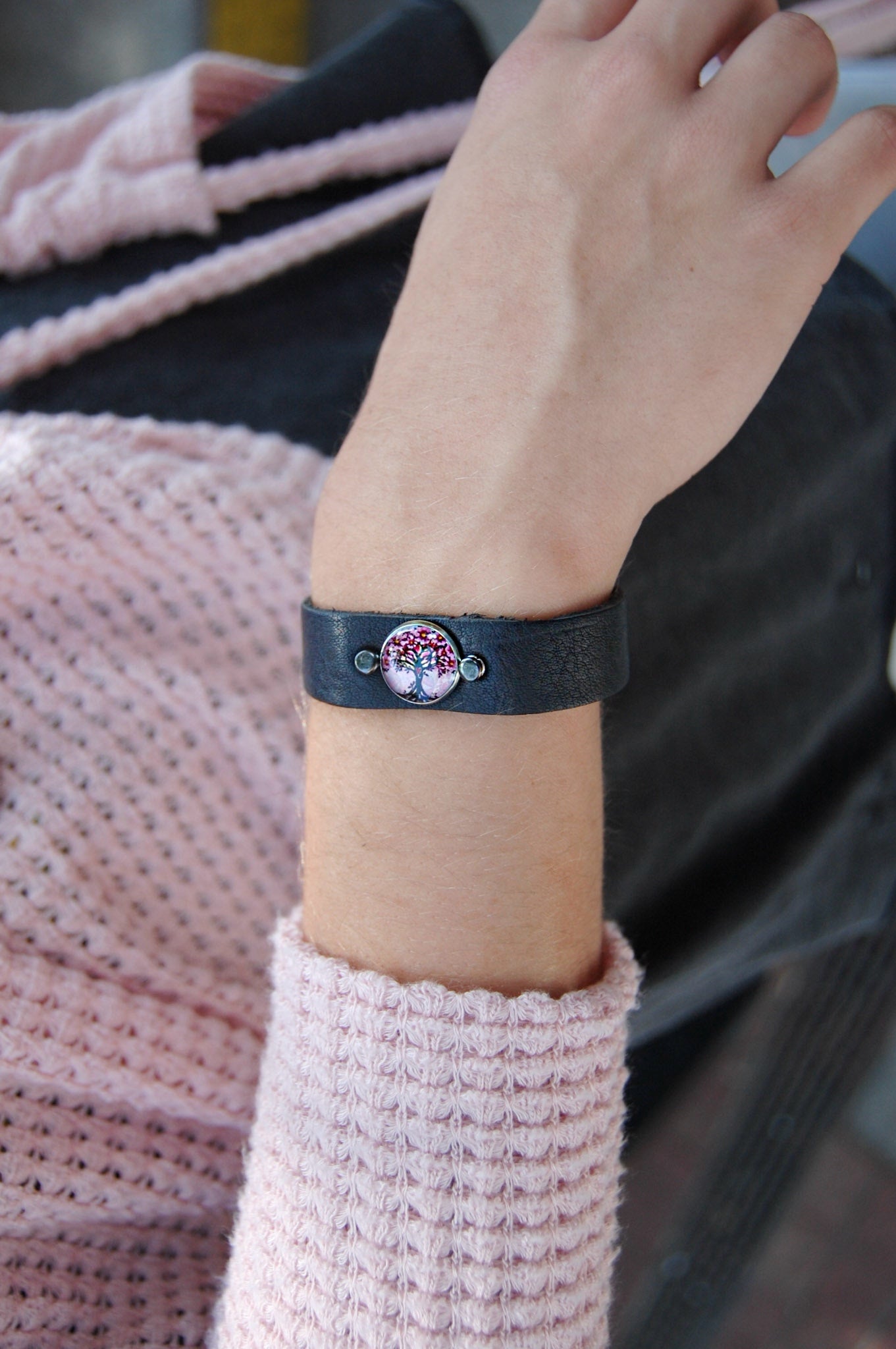 Spirit Lala: Pink Tree Leather Pendant Bracelet