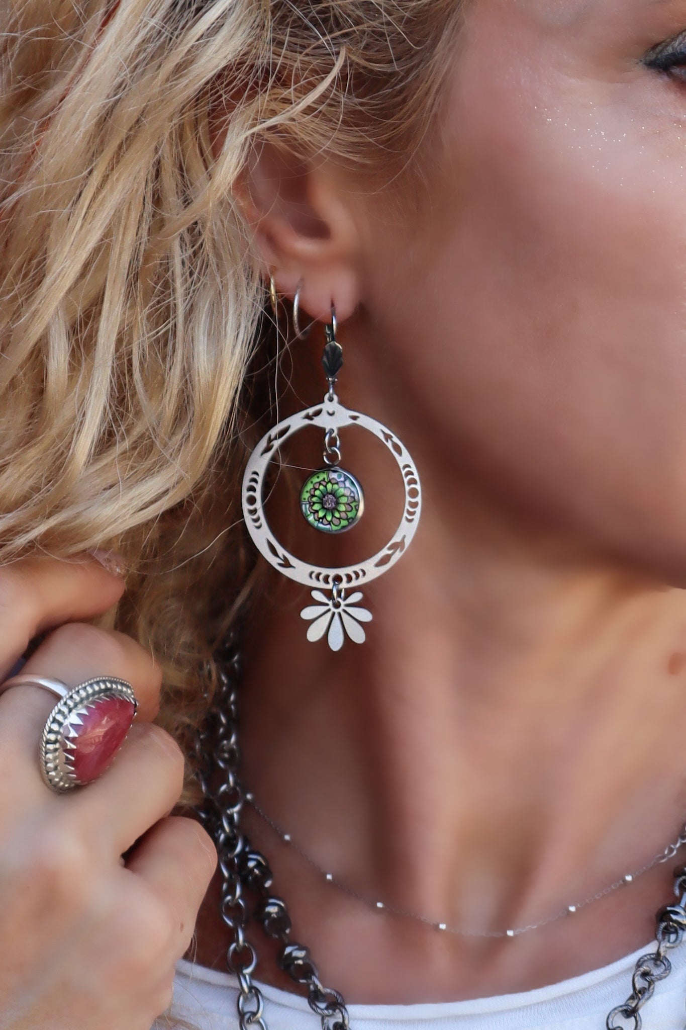 Spirit Lala: Green Brown Flower Circle Leaf Drop Earrings