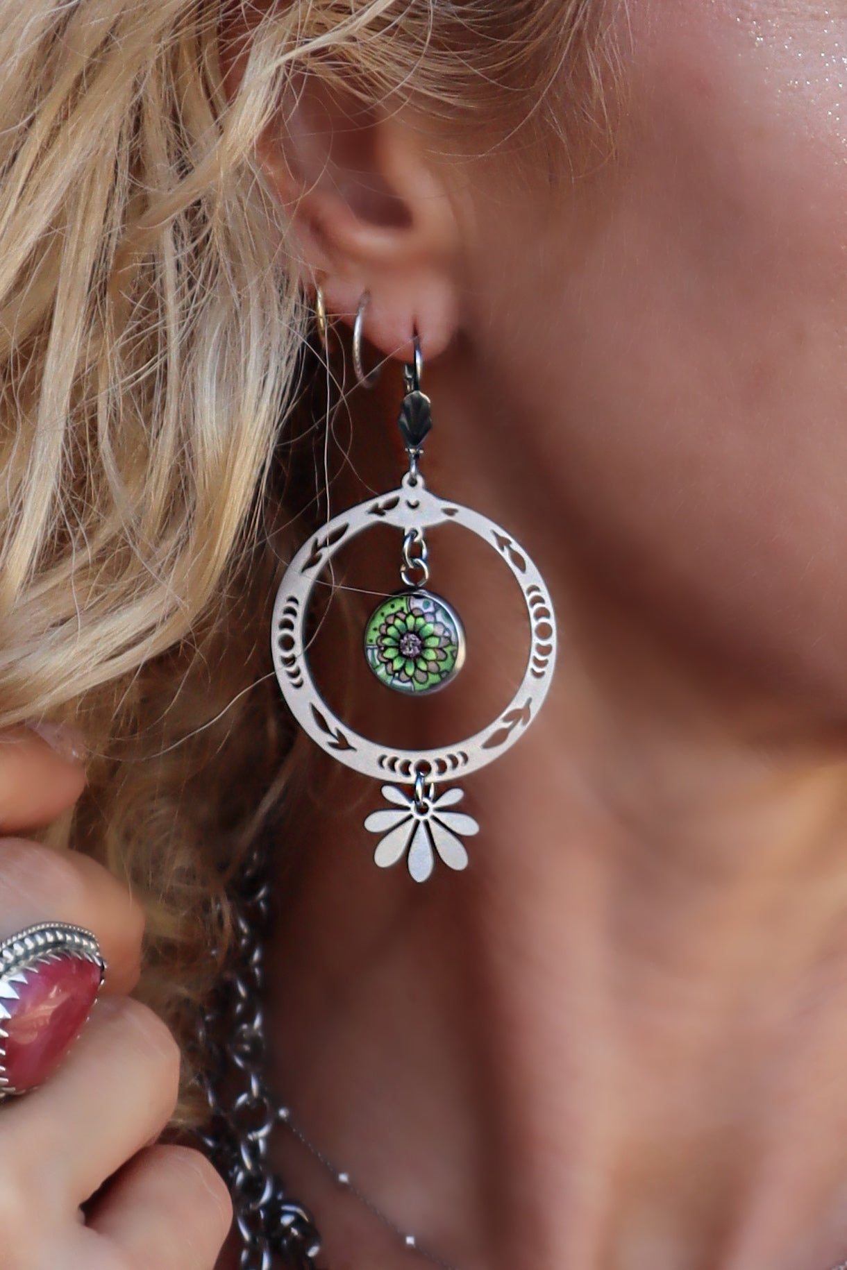 Spirit Lala: Green Brown Flower Circle Leaf Drop Earrings
