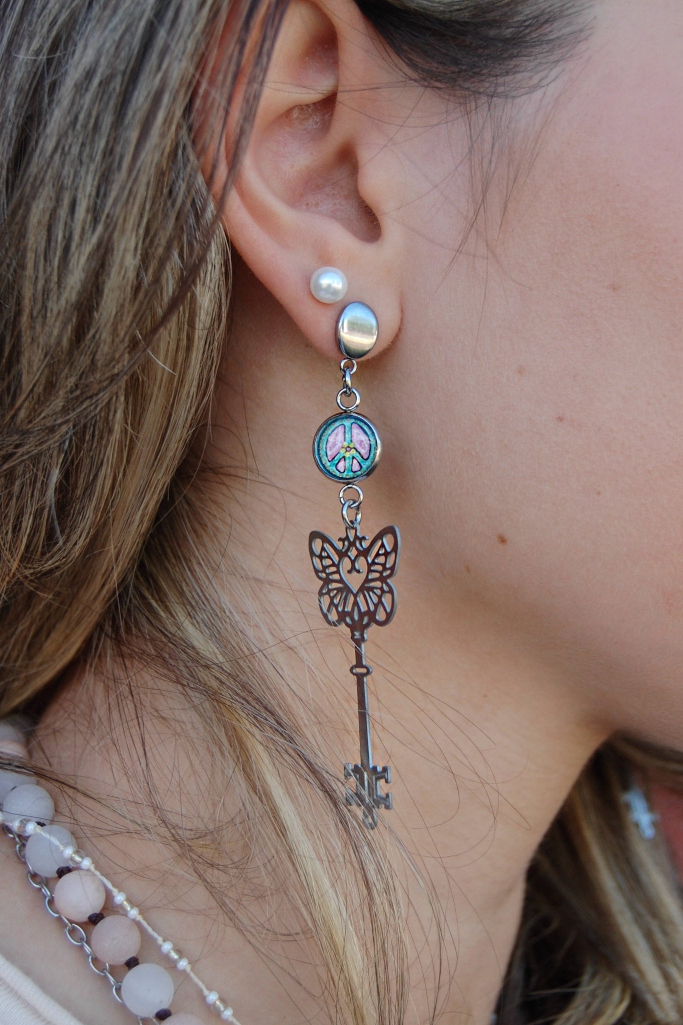 Spirit Lala: Peace Sign Butterfly Key Drop Earrings