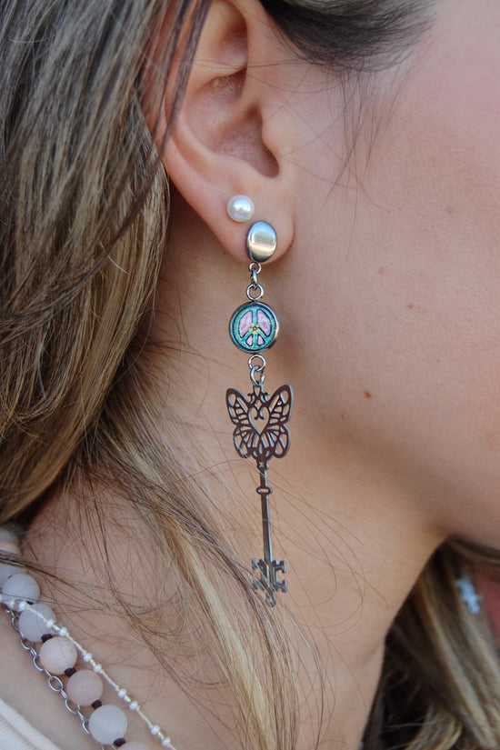 Spirit Lala: Peace Sign Butterfly Key Drop Earrings