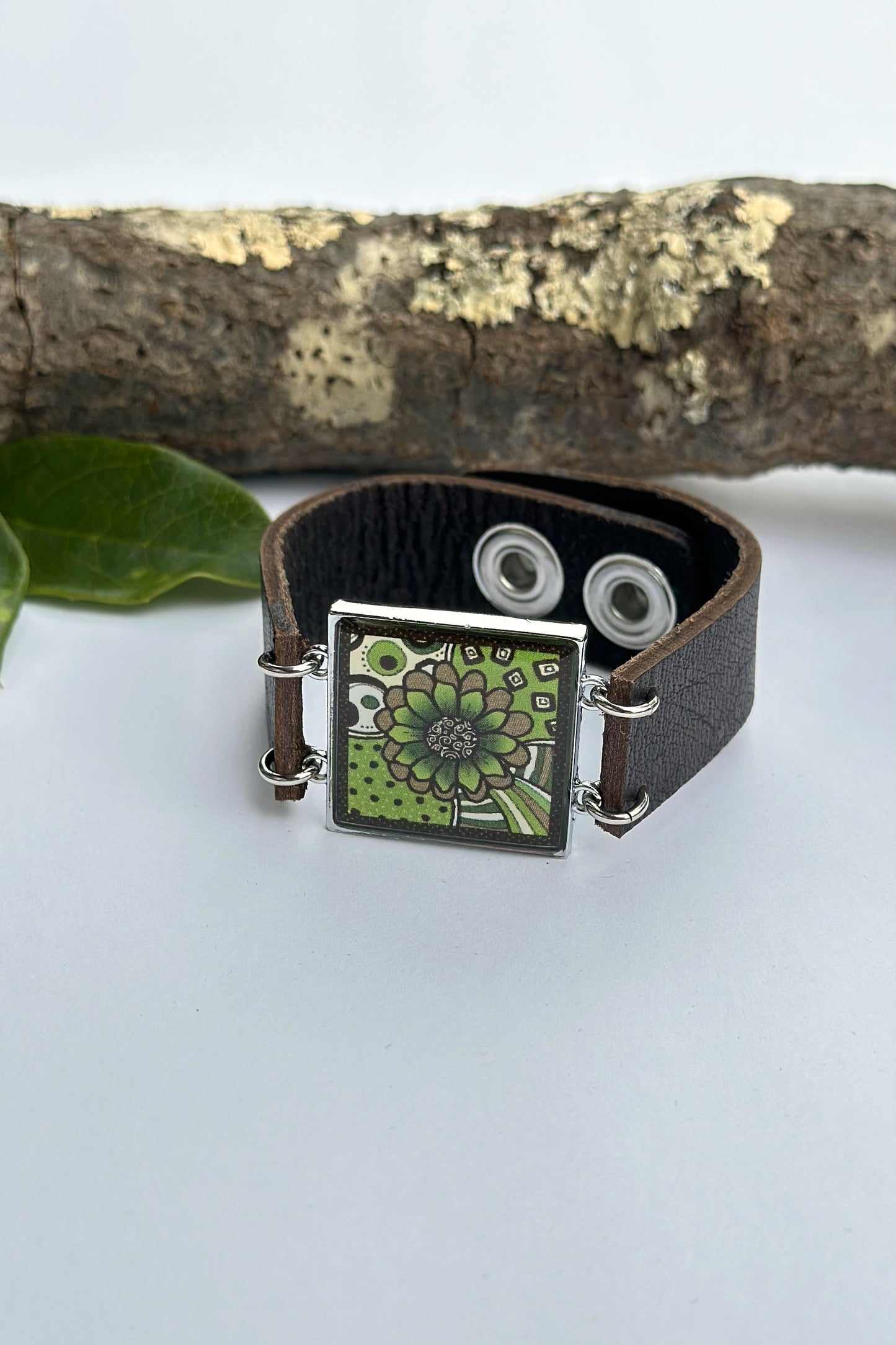 Spirit Lala: Green Brown Flower Art Cuff Bracelet