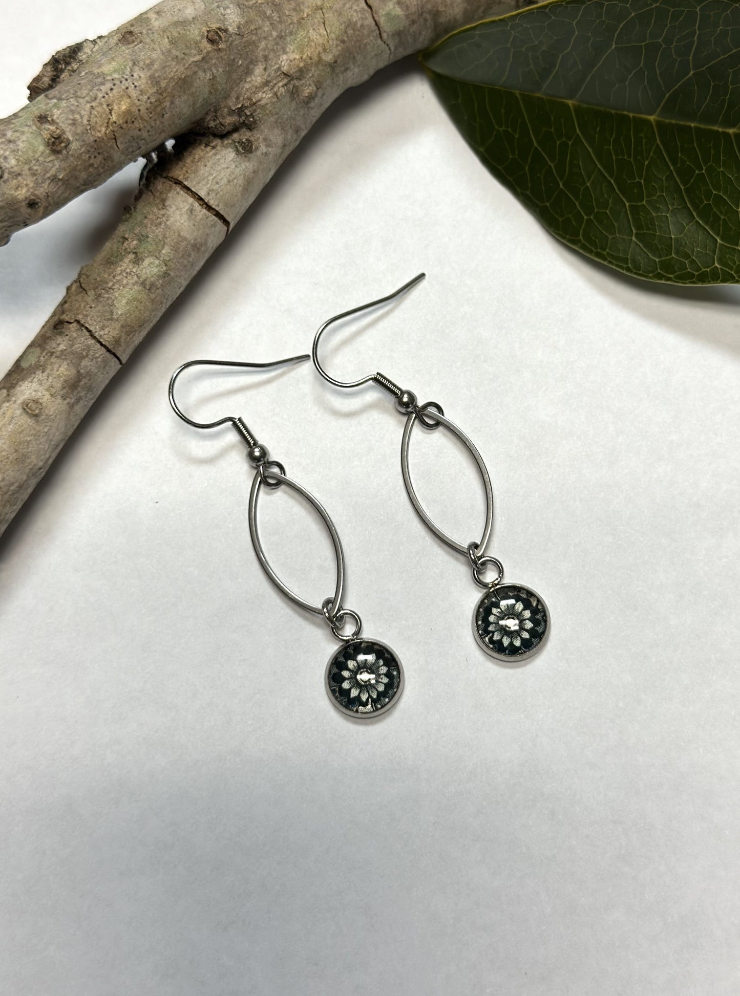 Spirit Lala: Grey Black Flower Marquise Drop Earrings