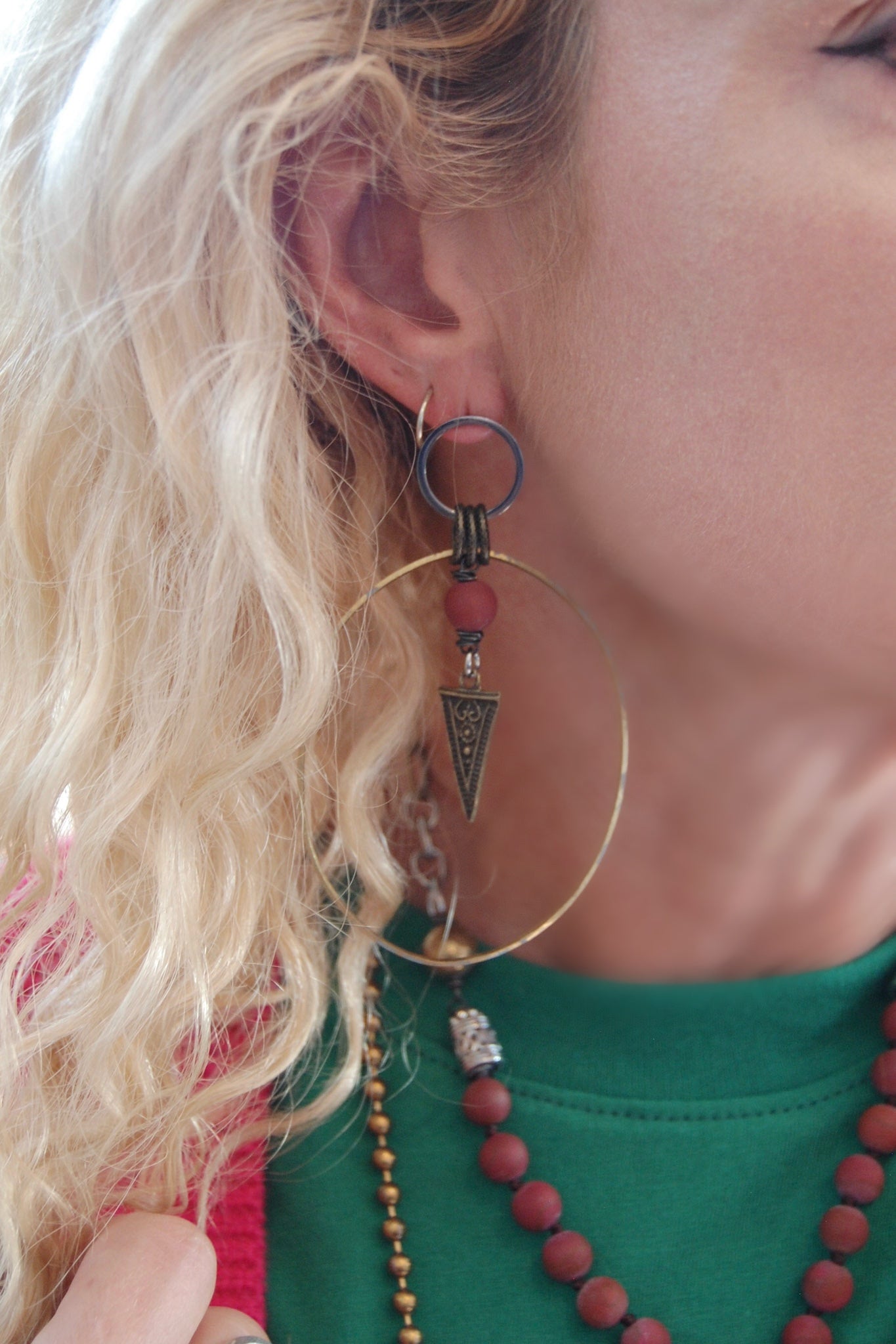 Spirit Lala Boho: 2 Circle Silver & Gold Diamond Drop Earrings in Red Jasper