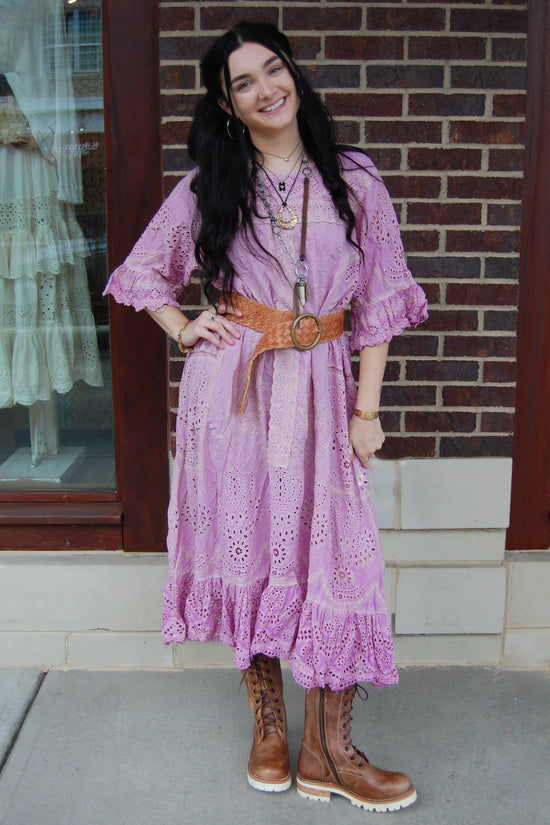 Load image into Gallery viewer, Magnolia Pearl Eyelet Anna Grace Dress in Purple Boba
