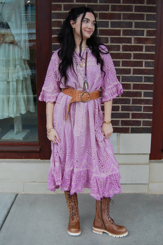 Load image into Gallery viewer, Magnolia Pearl Eyelet Anna Grace Dress in Purple Boba
