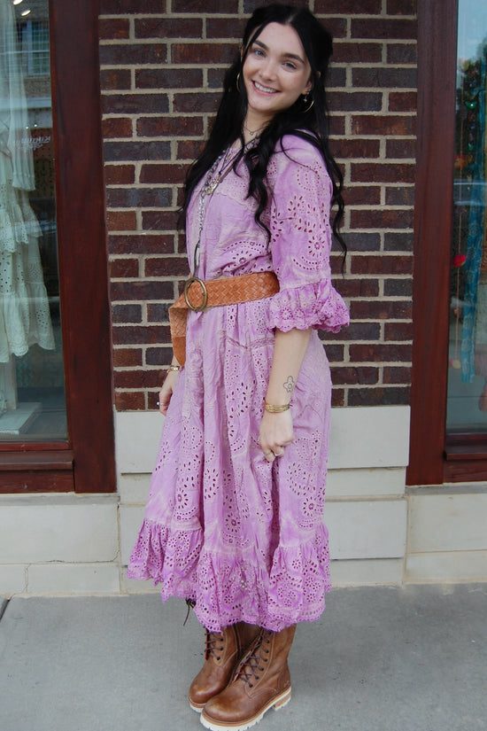 Load image into Gallery viewer, Magnolia Pearl Eyelet Anna Grace Dress in Purple Boba

