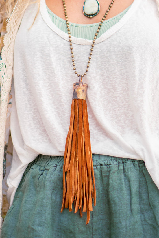 Spring Gypsy Tassel Necklace in Burnt Orange - SpiritedBoutiques Boho Hippie Boutique Style Necklace, Art by Amy