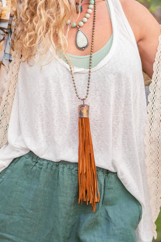 Spring Gypsy Tassel Necklace in Burnt Orange - SpiritedBoutiques Boho Hippie Boutique Style Necklace, Art by Amy