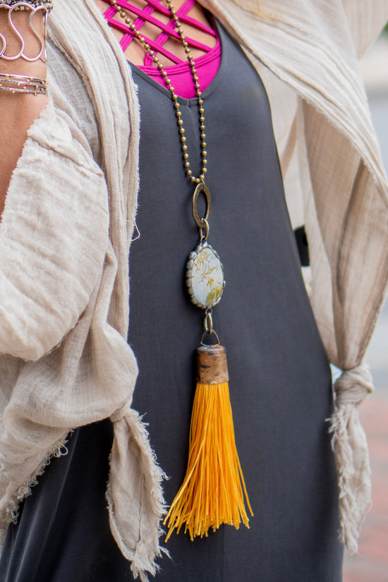 Load image into Gallery viewer, Soldered Gem Tassel Necklace in Mustard - SpiritedBoutiques Boho Hippie Boutique Style Necklace, Art by Amy

