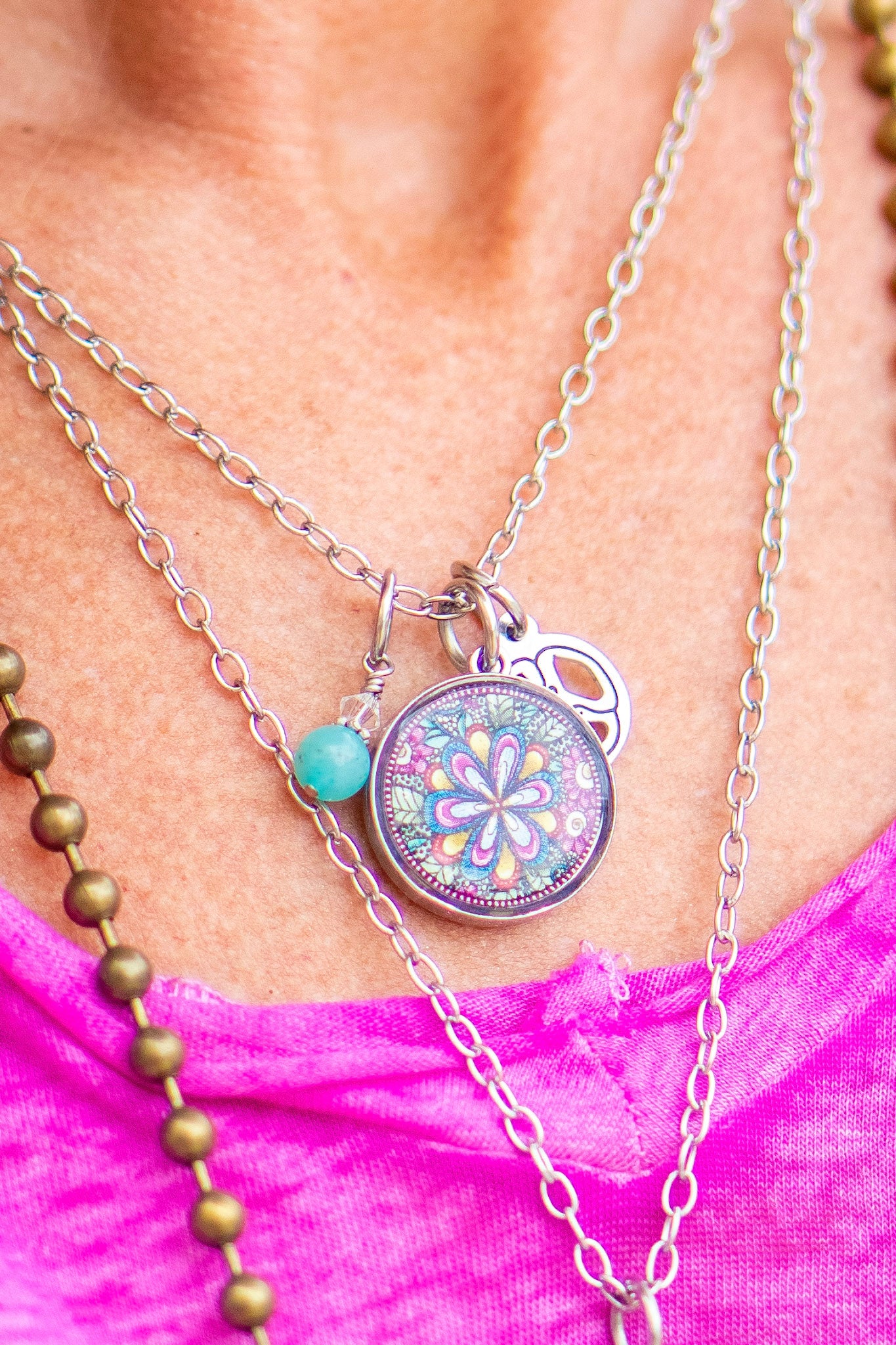 Pink Flower Pendant & Charm Set - SpiritedBoutiques Boho Hippie Boutique Style Necklace, Spirit Lala