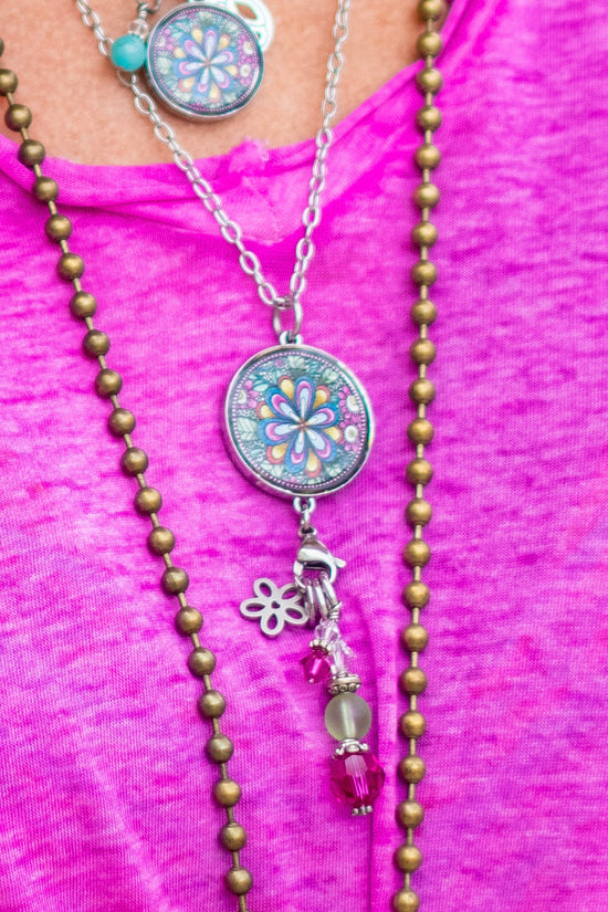 Pink Flower Beaded Pendant Necklace - SpiritedBoutiques Boho Hippie Boutique Style Necklace, Spirit Lala