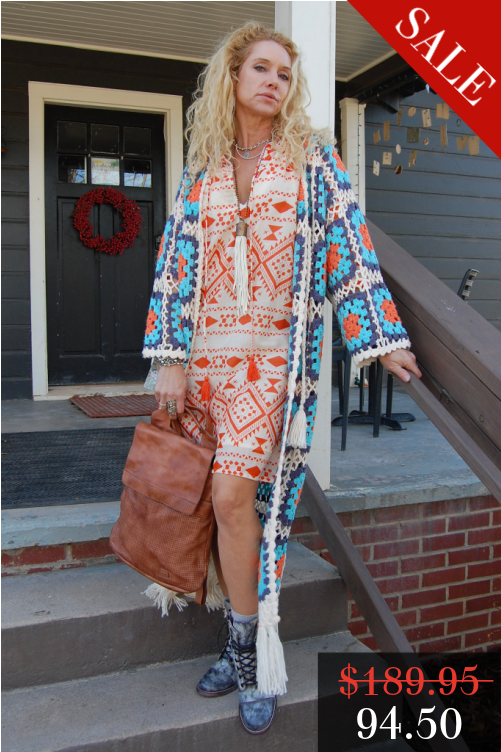 FINAL SALE Kendra Knit Crochet Cardi in Beige/Blue Multi