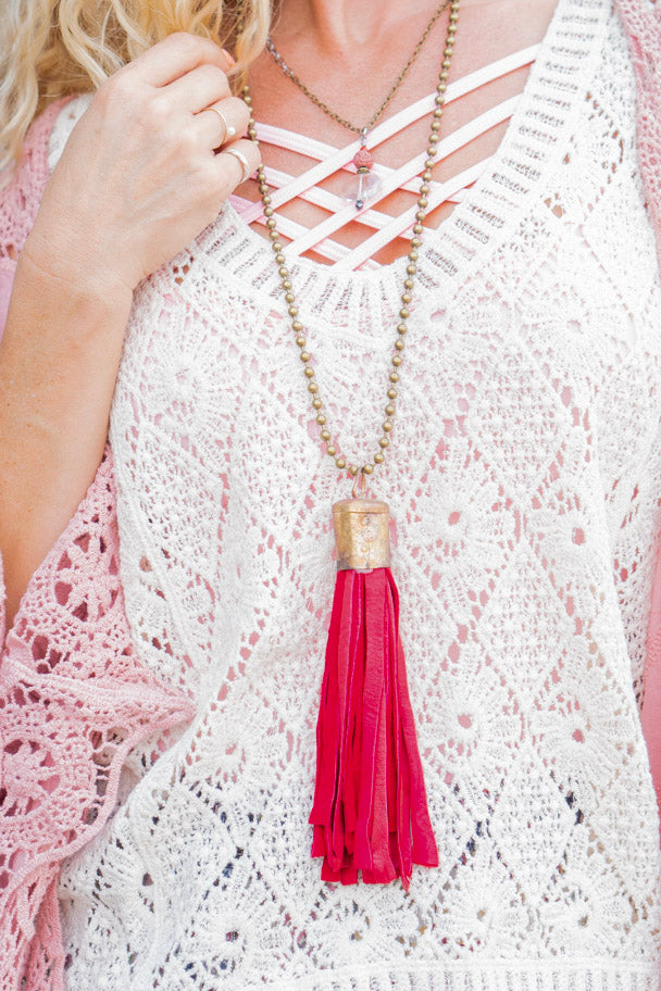 Spring Gypsy Tassel Necklace in Red - SpiritedBoutiques Boho Hippie Boutique Style Necklace, Art by Amy