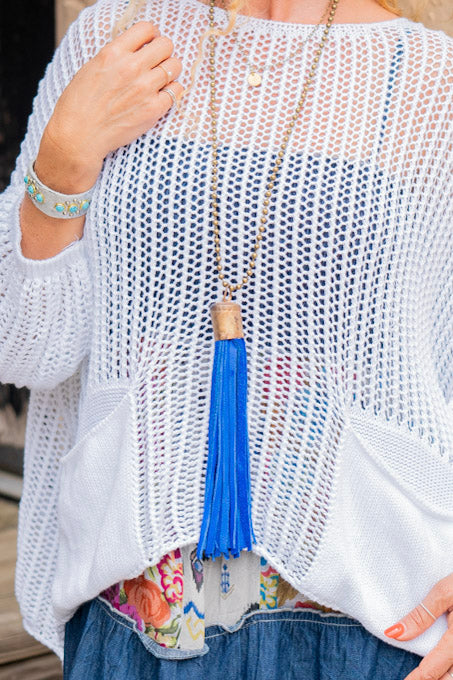 Spring Gypsy Tassel Necklace in Blue - SpiritedBoutiques Boho Hippie Boutique Style Necklace, Art by Amy