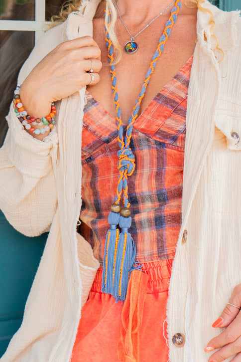 The Halle Rope Necklace in Blue/Orange - SpiritedBoutiques Boho Hippie Boutique Style Necklace, Spirit Lala Boho