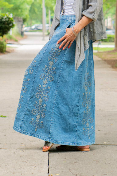 Load image into Gallery viewer, The Rachel Embroidered Skirt in Blue - SpiritedBoutiques Boho Hippie Boutique Style Skirt, Young Threads
