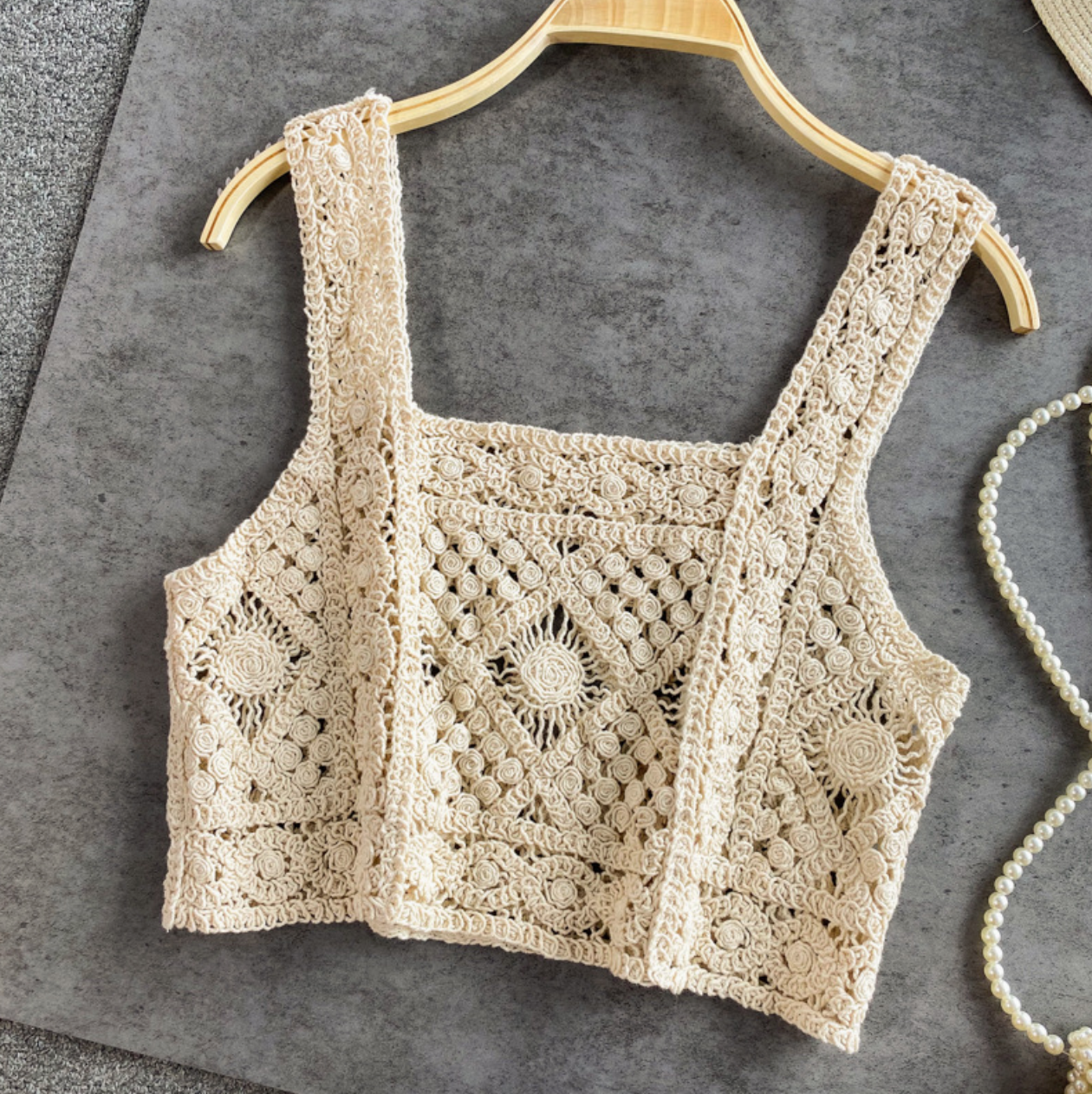The Caitronia Crochet Top in Beige