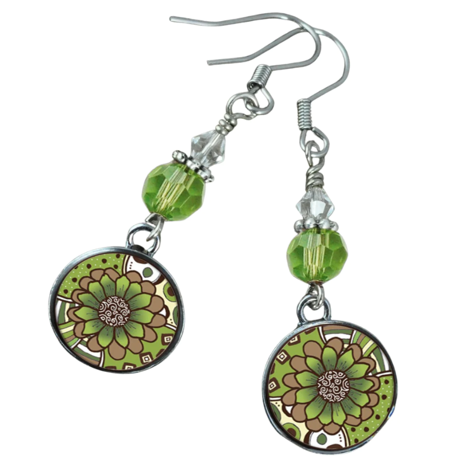 Green & Brown Flower Beaded Earrings - SpiritedBoutiques Boho Hippie Boutique Style Earrings, Spirit Lala