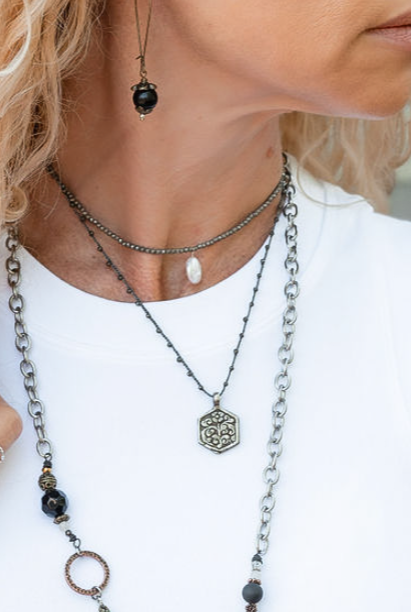 Crochet Hexagon Charm Necklace - SpiritedBoutiques Boho Hippie Boutique Style Necklace, Spirit La La vintage coin