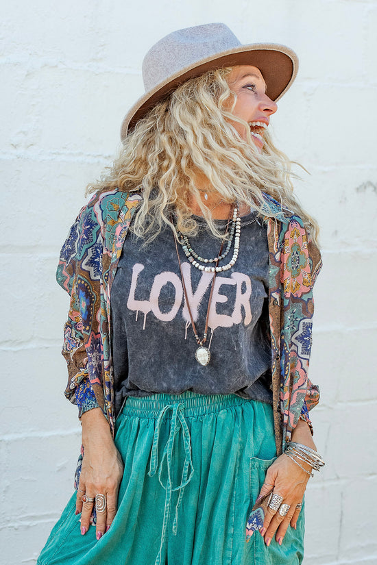 Lover Graffiti Graphic Tee in Charcoal - SpiritedBoutiques Boho Hippie Boutique Style T-Shirt, Promesa