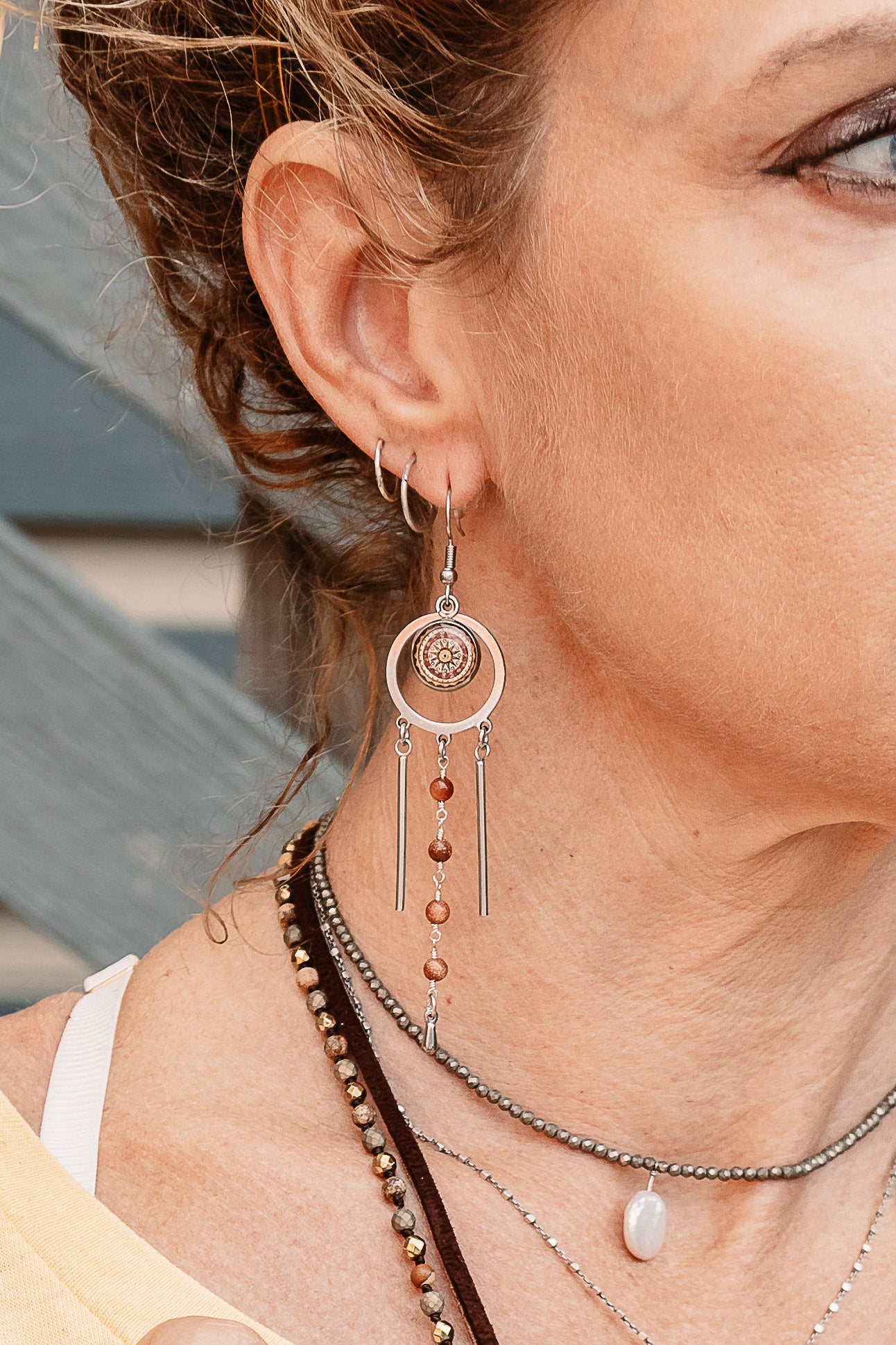 Tri-Drop Statement Earrings in Orange/Yellow Mandala - SpiritedBoutiques Boho Hippie Boutique Style Earrings, Spirit Lala