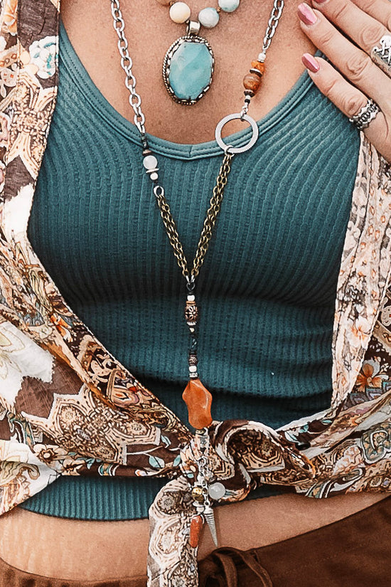 Statement Long Silver Spike Necklace in Orange - SpiritedBoutiques Boho Hippie Boutique Style Necklace, Spirit Lala Boho