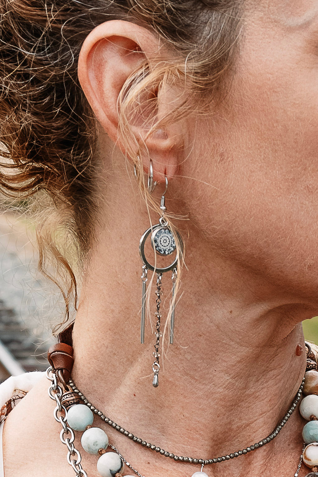 Tri-Drop Statement Earrings in Tan Mandala - SpiritedBoutiques Boho Hippie Boutique Style Earrings, Spirit Lala